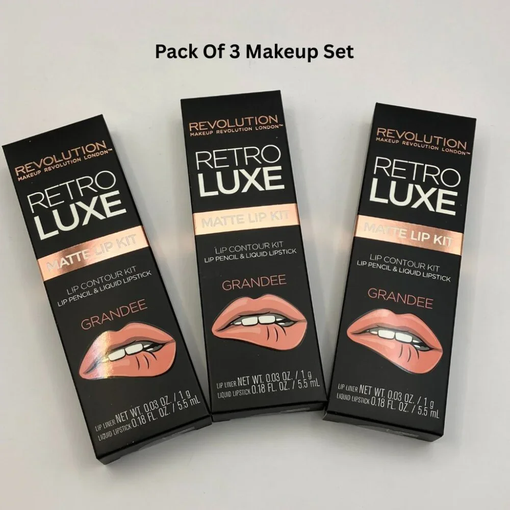 Pack of 3 Revolution Retro Luxe Matte Lip Contour Kit Grandee Liner and Lipstick